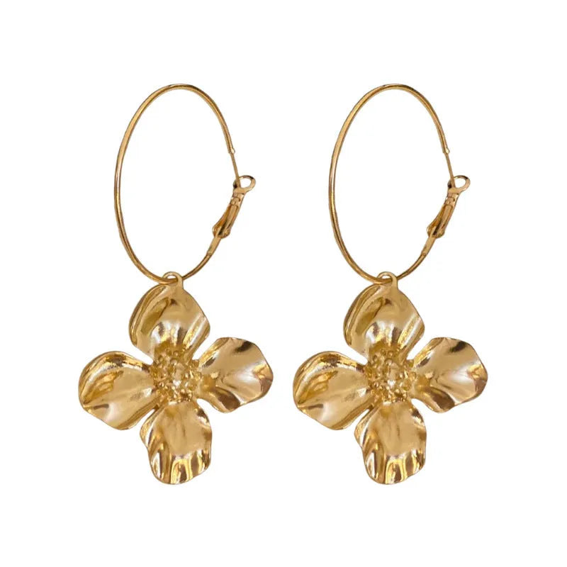 Silver Needle metal flower earrings in geometric design with electroplated gold or silver finish