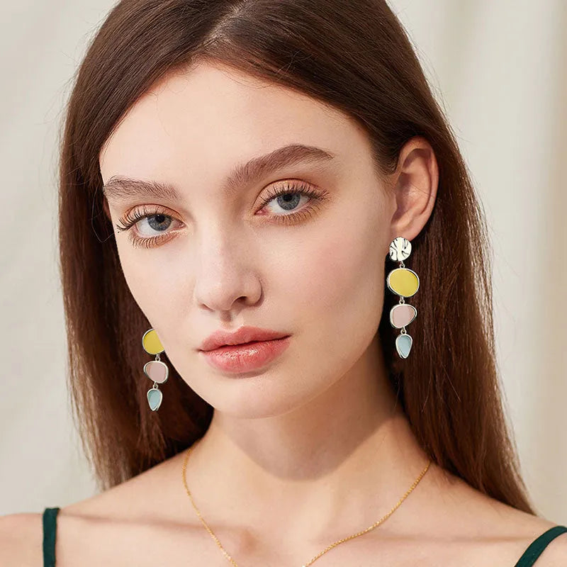 Sterling silver needle Morandi colour wafer earrings with dripping oil treatment