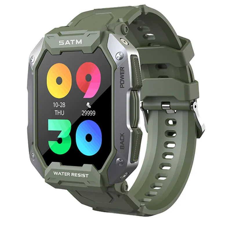 Smartwatch with silicone wristband showing touch screen display and health monitoring functions