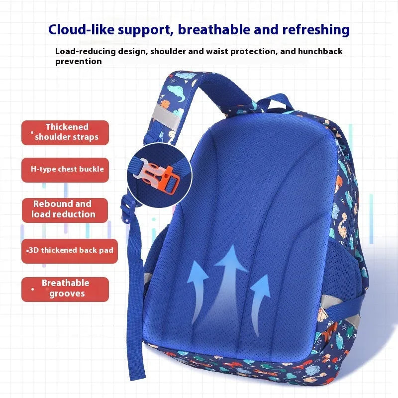 Blue children's school backpack with dinosaur print, showing curved straps and modern design.