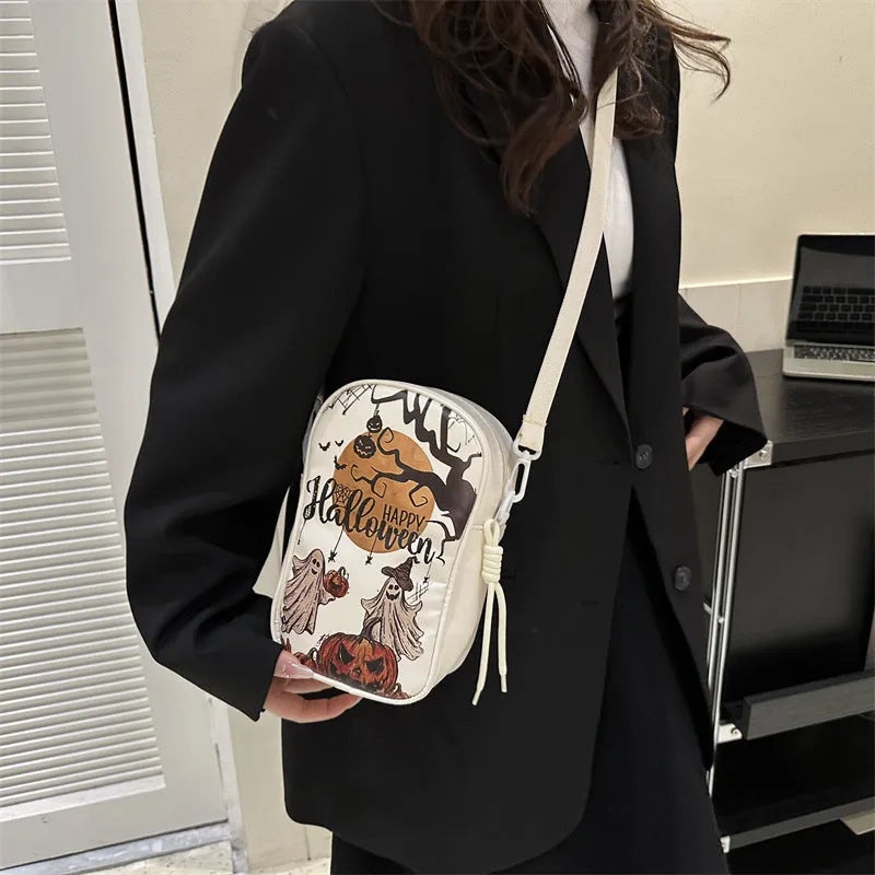 Halloween graffiti PU phone bag with pumpkin ghost bat cartoon print, crossbody shoulder bag