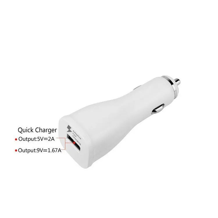 White single port USB car charger with QC2.0 fast charge technology for vehicles