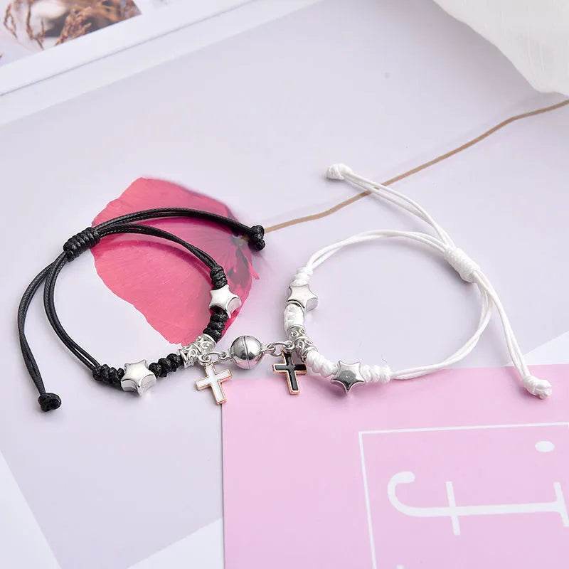 Magnetic couple bracelets with crown design and electroplating finish