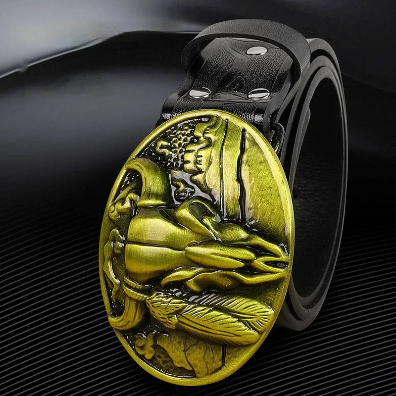 Men's brown belt with detailed cow head alloy buckle and imitation leather strap showing pin buckle closure