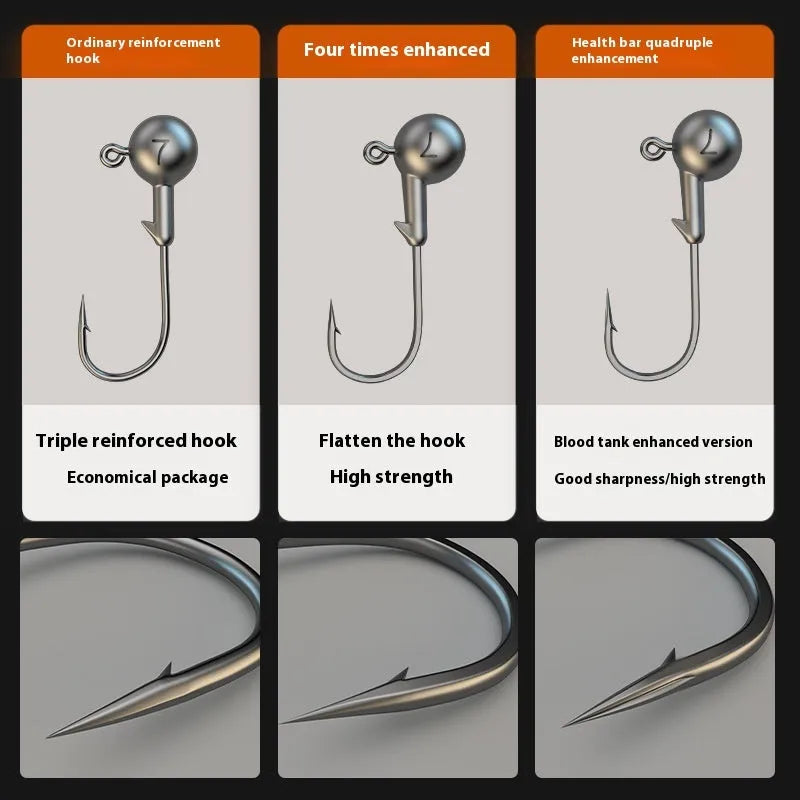 Set of 50 enhanced jig hooks with 4 times strengthened construction including blood trough designs