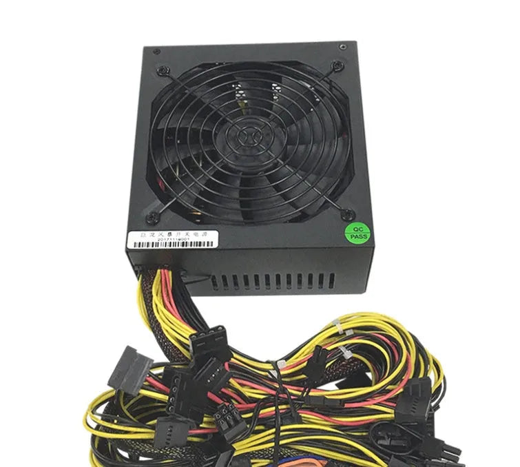 Black server power supply unit with multiple cable connectors including graphics card and D-type interfaces.