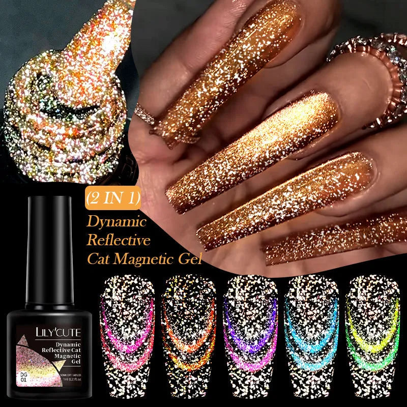 Cat Eye Series UV Gel Nail Polish bottles showing six fluorescent colours with glitter and diamond fragment effects
