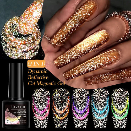 Cat Eye Series UV Gel Nail Polish bottles showing six fluorescent colours with glitter and diamond fragment effects