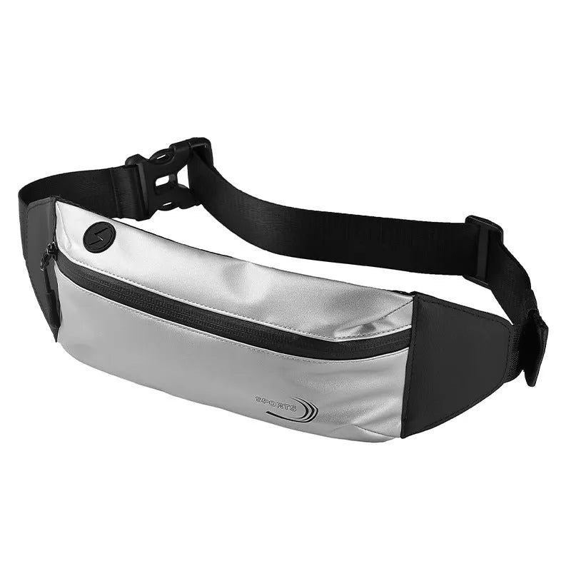 Men's blue waterproof oxford polyester waist bag shown on a manikin, showcasing its compact 45cm size.