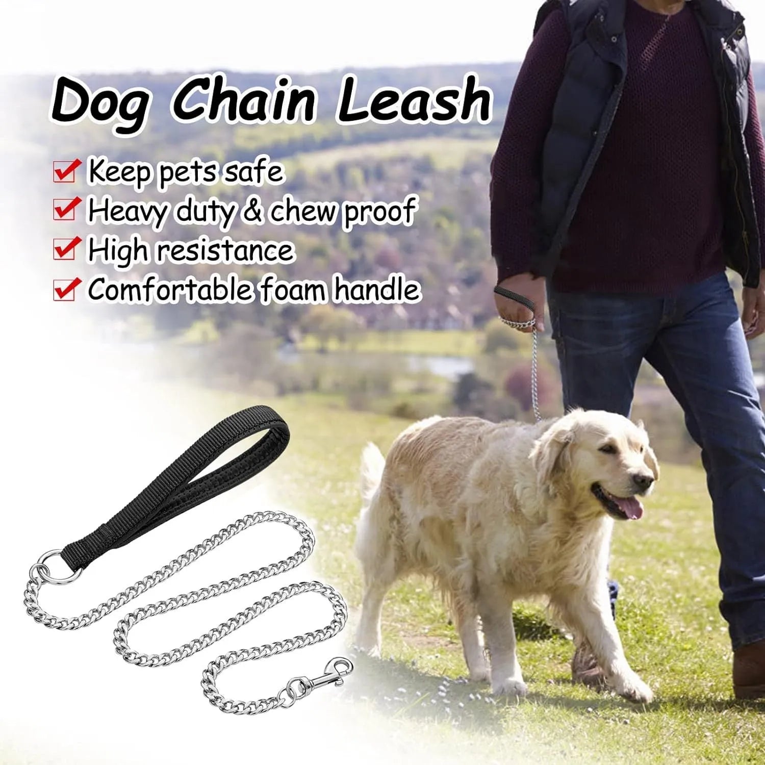 Heavy duty metal dog leash chain with soft padded handle in black, blue or red colours