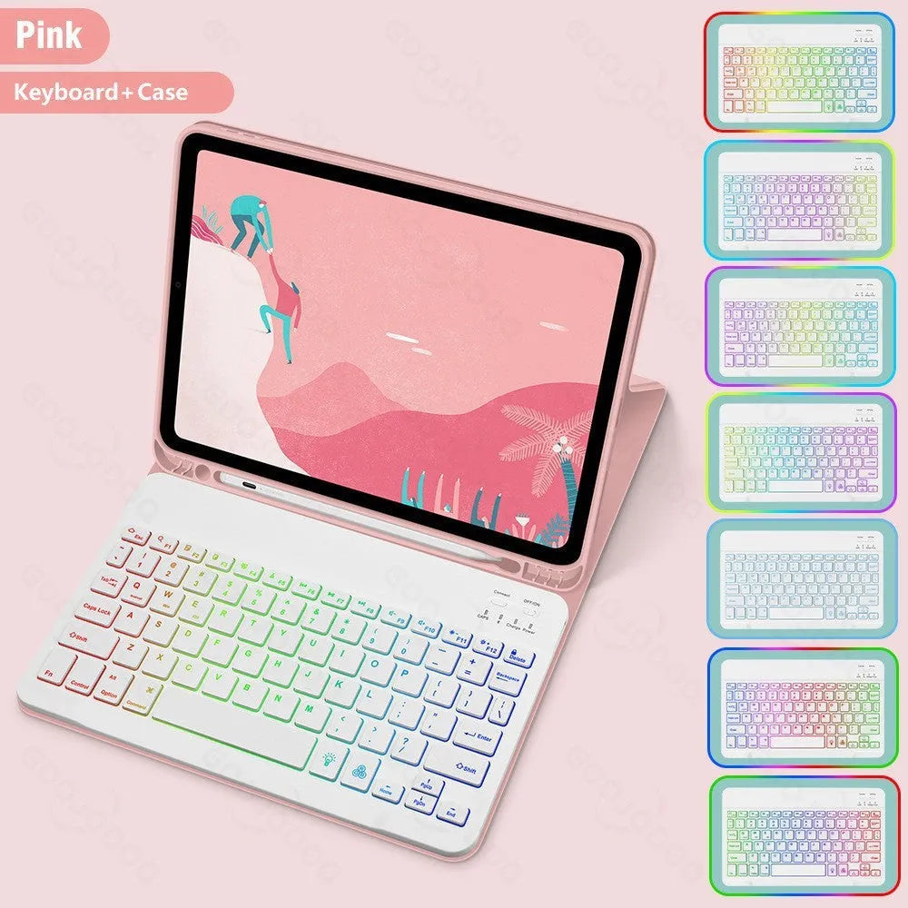 iPad protective case with luminous RGB Bluetooth keyboard and mouse in black leather sheath style