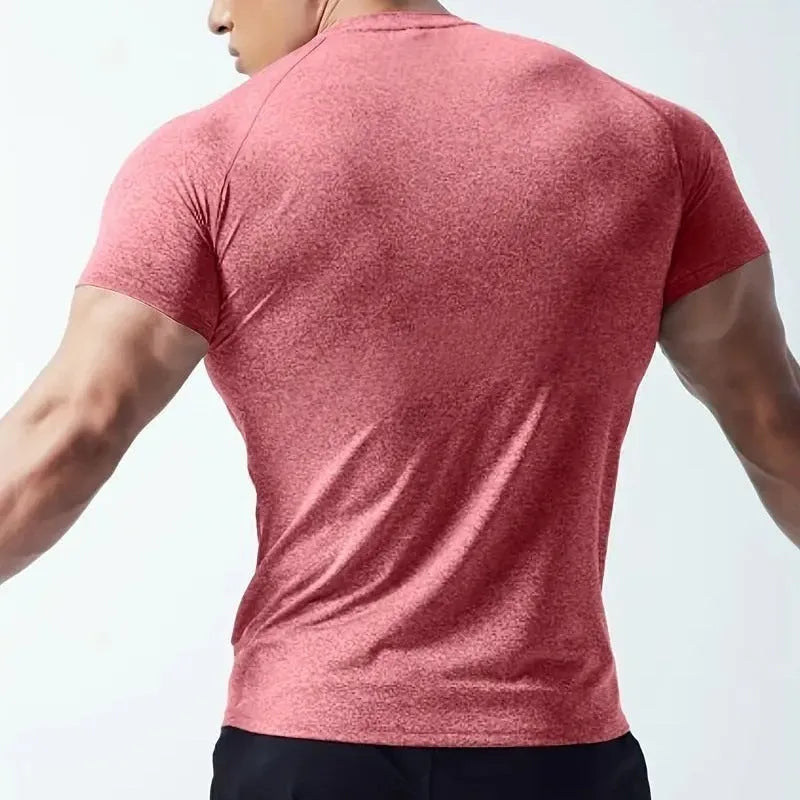Men's tight stretch quick-drying round neck short sleeve t-shirt in chemical fibre polyester blend