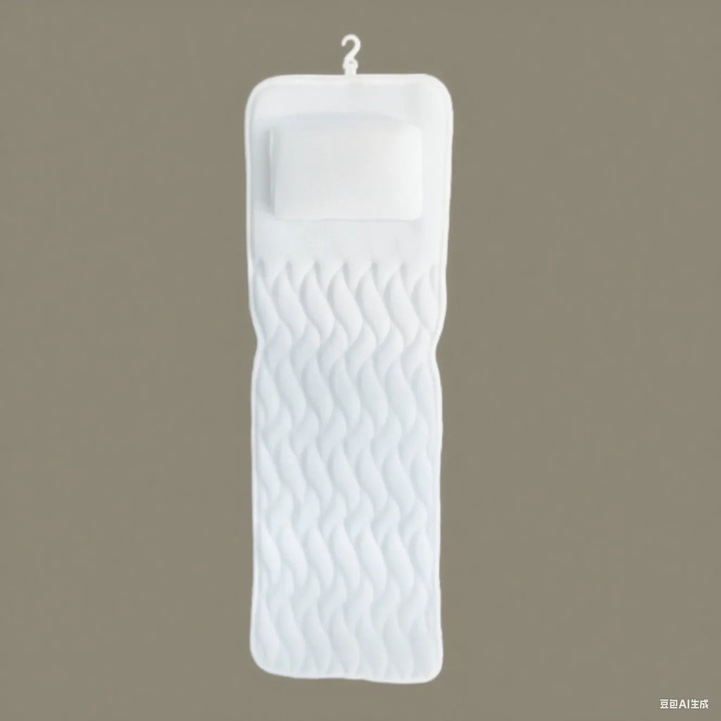 White 4D mesh bathtub pillow with suction cups, shown on bathtub edge.