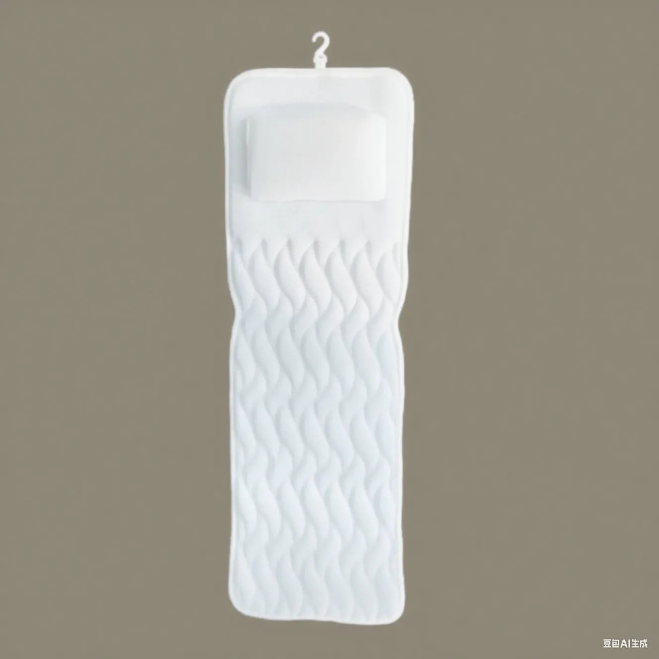 White 4D mesh bathtub pillow with suction cups, shown on bathtub edge.
