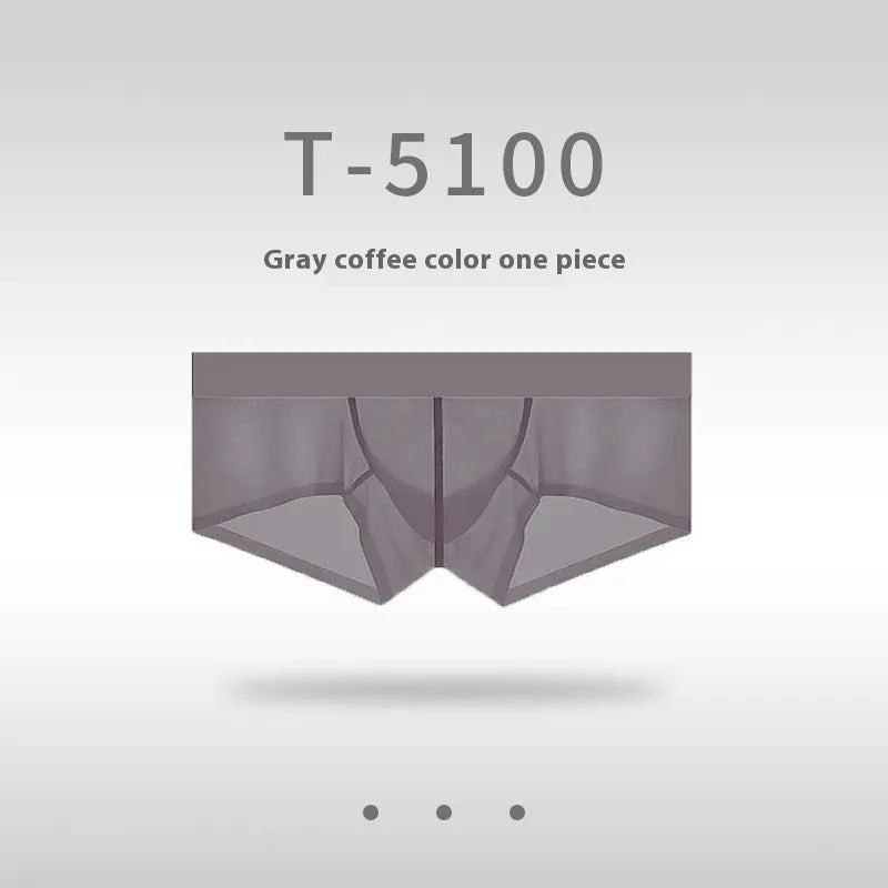 Men's seamless ice silk low waist underwear in chocolate colour showing ultra-thin sheer fabric