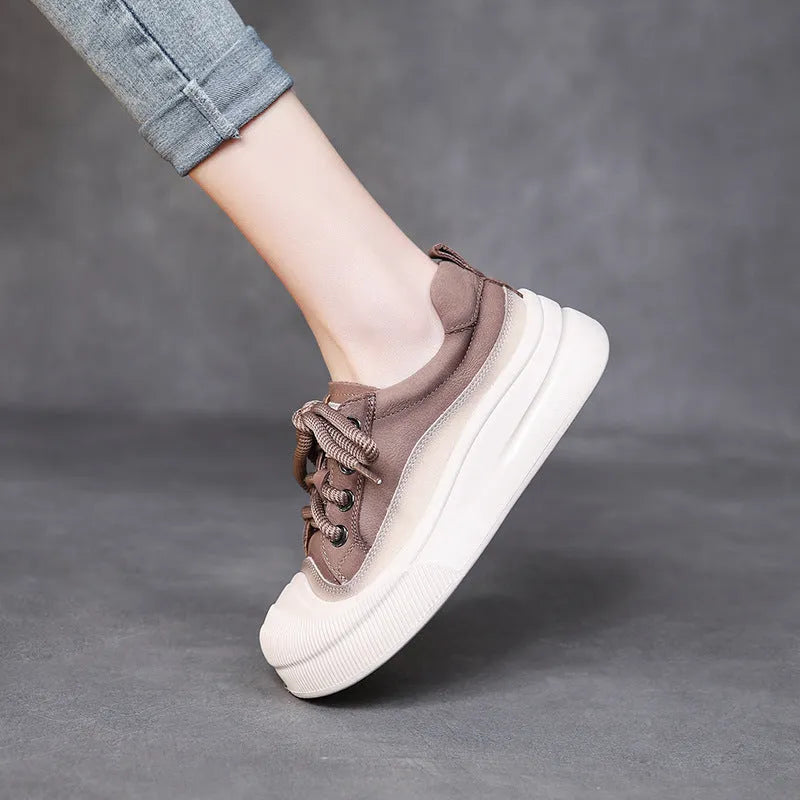 Women's yellow and cameo brown full grain cow leather lace-up casual shoes with round toe