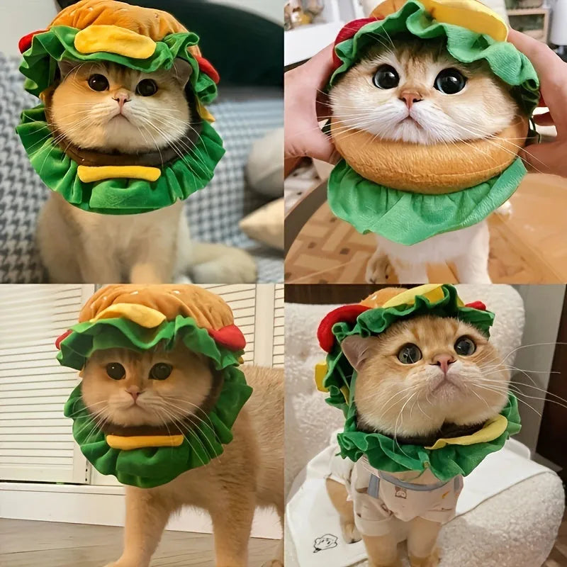 Plush burger headdress collar for pets with lettuce, cheese, and bun details in three sizes