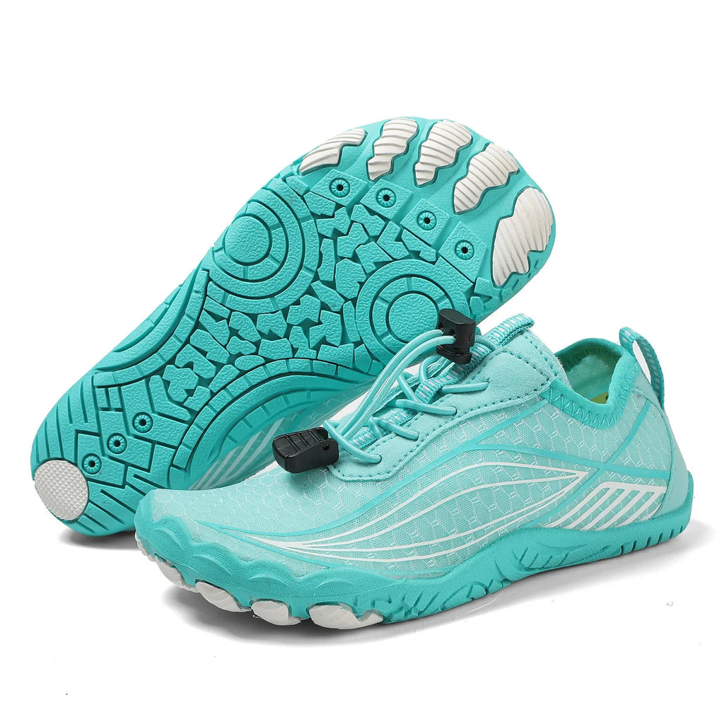 Children's elasticated water shoes in blue with a non-slip rubber sole and breathable mesh upper.