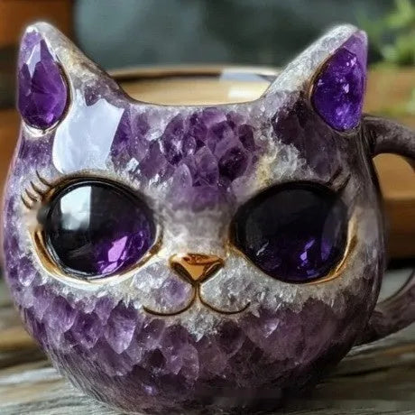 Purple geode mug with crystal pattern and cat design measuring 11cm tall