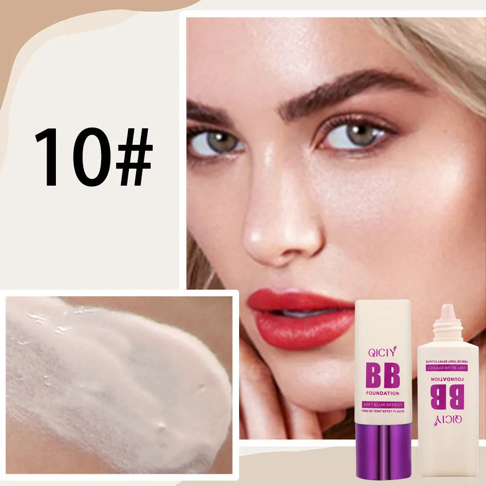 Feeding bottle format BB cream with applicator in 10 shade options for brightening coverage