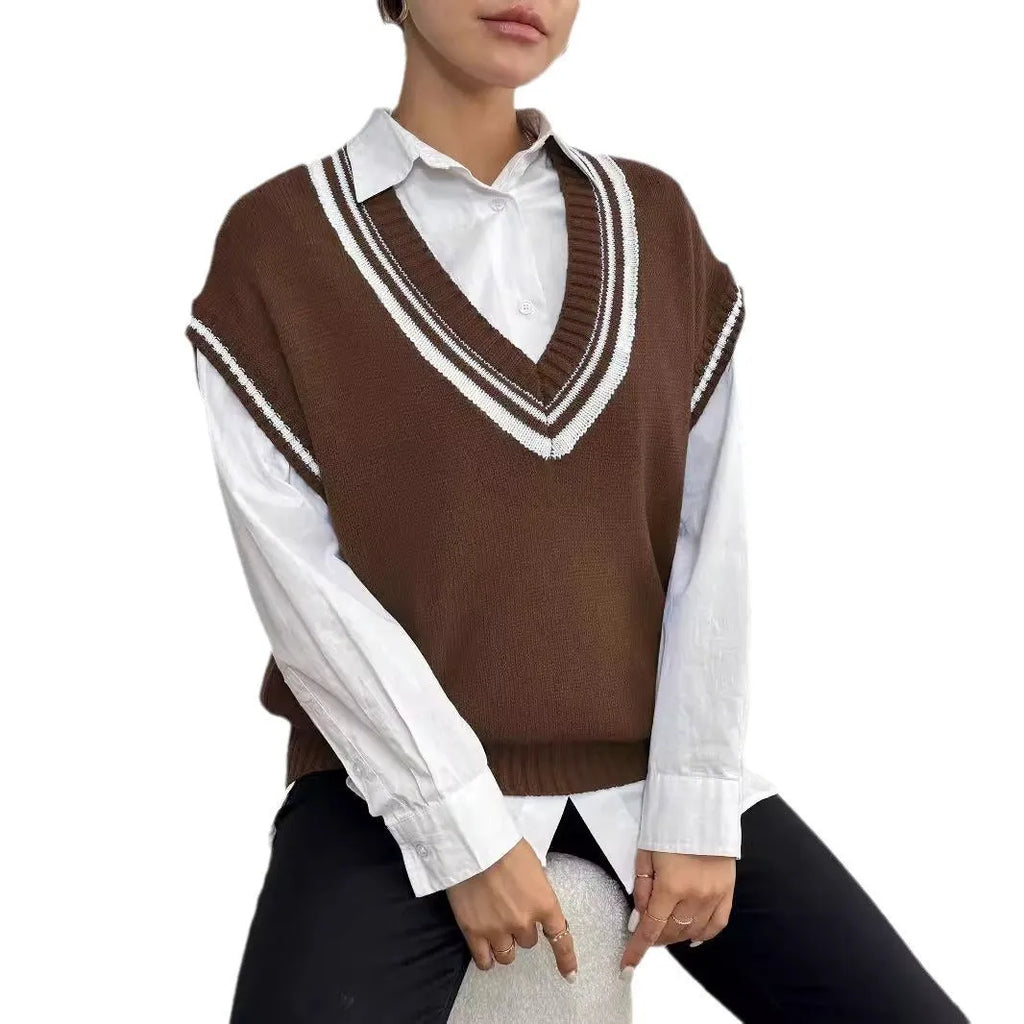 Women's loose fit college style vest sweater in acrylic polyester blend, black blue coffee colour options
