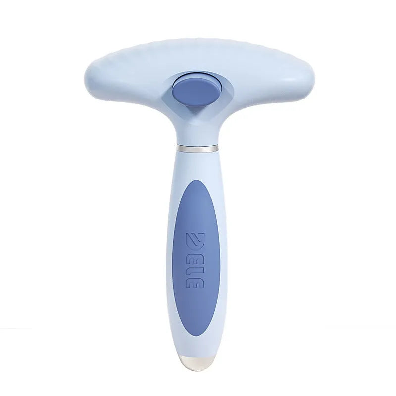 Stainless steel dog grooming comb with double-row teeth in light blue or white colours