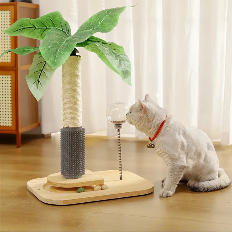 Vertical wooden cat scratching post with canna colour finish and food drop ball