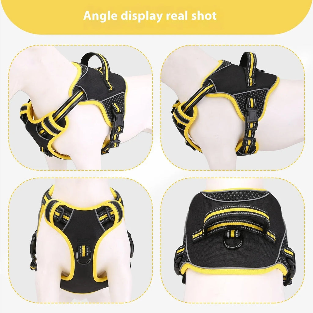 Orange and yellow dog harness and traction strap set for outdoor training with anti-breaking loose security
