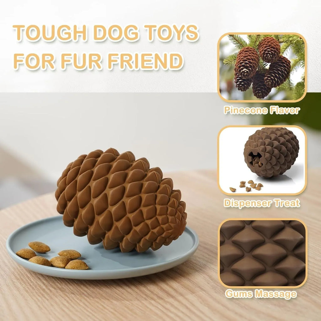 Yellow pine cone shaped indestructible dog chew toy with treat dispenser hole