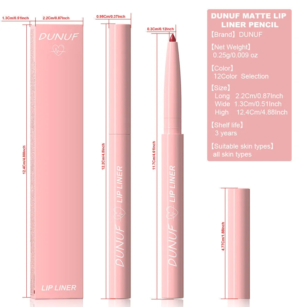 Velvet matte lip liner pencil in 12 colour shades for precise application