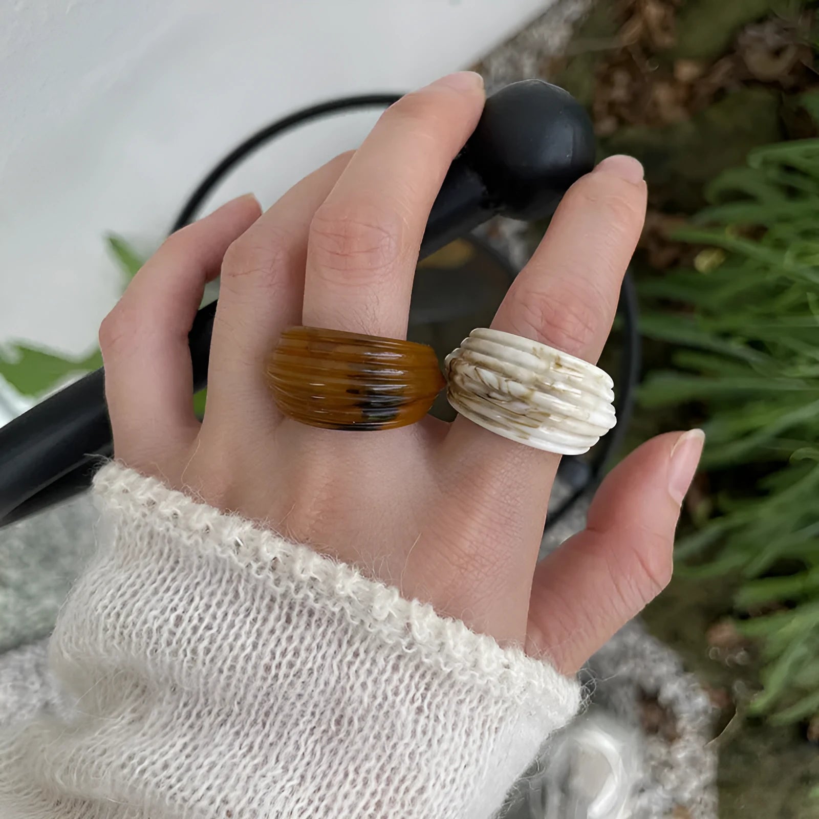 Geometric Chinese style resin ring in brown or white colour with irregular width design