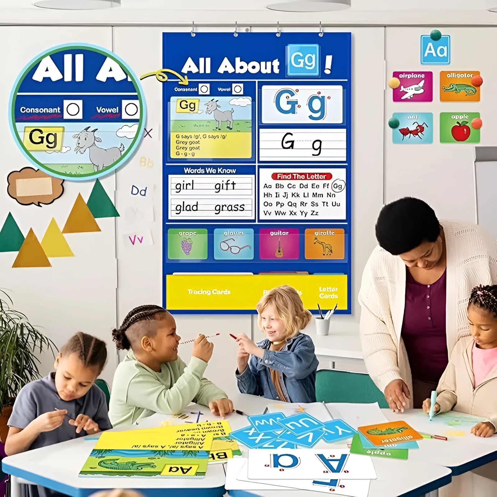 Alphabet learning chart measuring 60 by 40 cm with word cards, letter cards, and picture cards laid out.