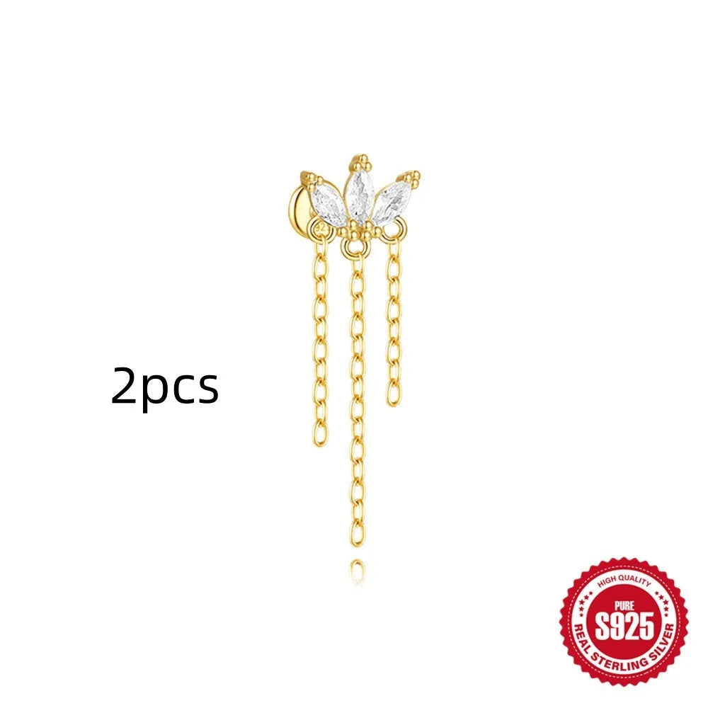 S925 sterling silver geometric kite earring with rhinestone chain tassel in gold colour.