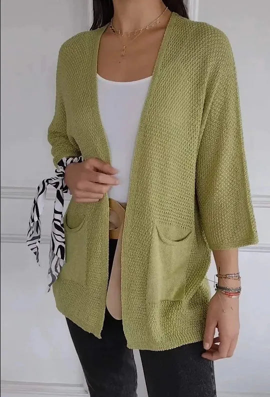 Women's waffle knit cardigan coat with nine-quarter sleeves in army green colour