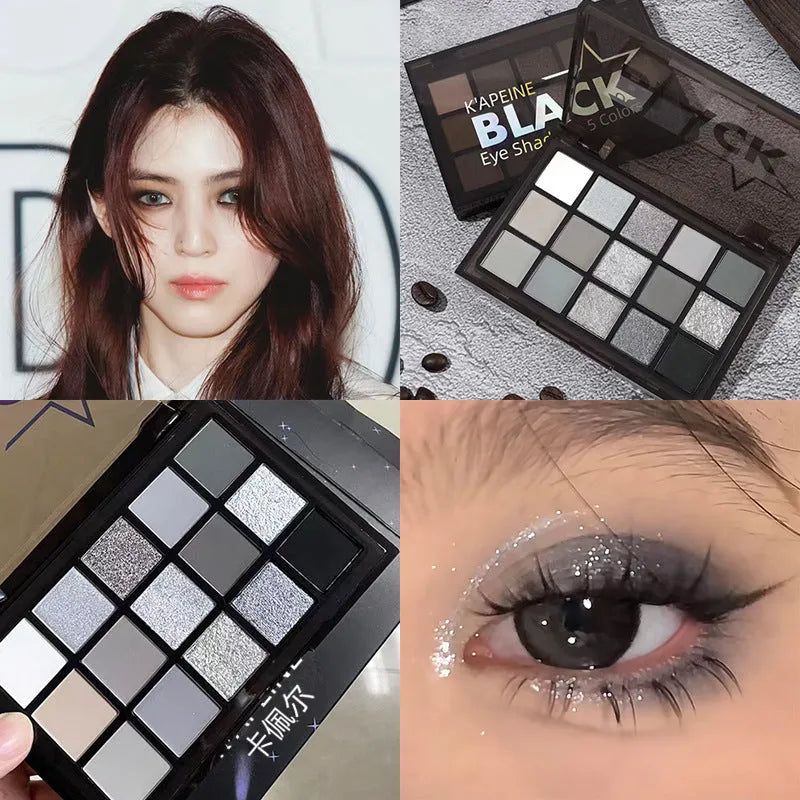 15-colour eyeshadow palette open, showing pans of shimmer, matte, grey, brown, and blue eyeshadows.