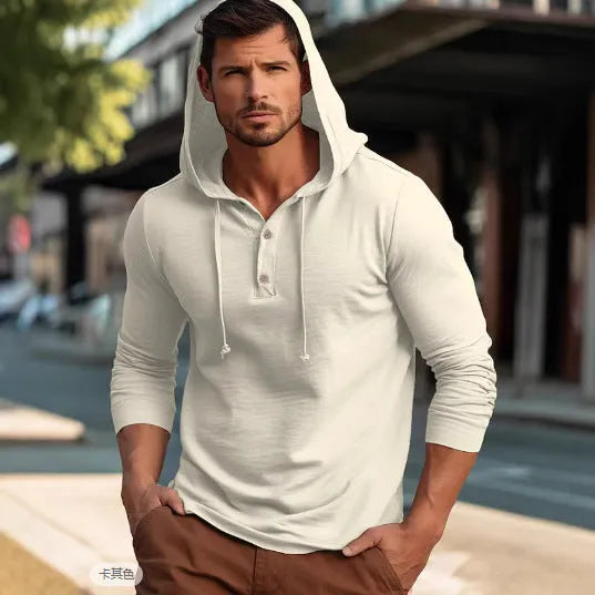 Men's dark blue cotton pullover hoodie with long sleeves on a mannequin