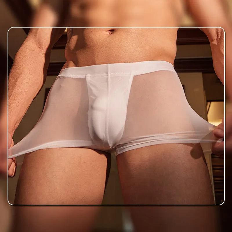 Man's black ultra-thin breathable boxer briefs made from nylon fabric.