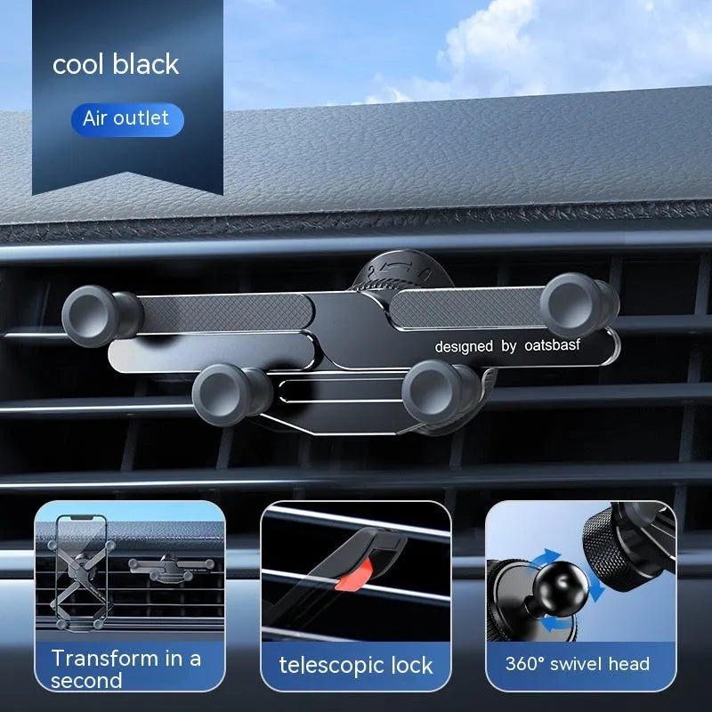 Invisible alloy car phone bracket showing air vent and dashboard mounting options in black, silver and grey colours