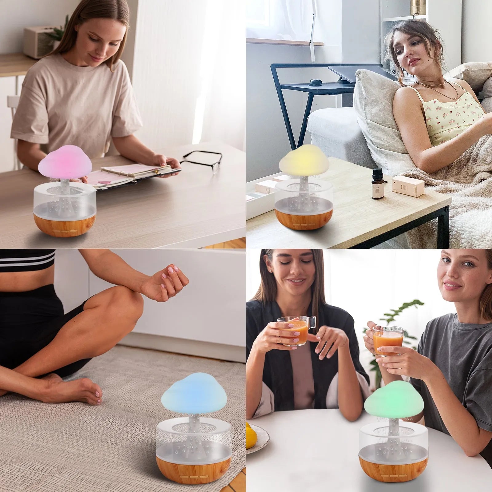 White raining cloud humidifier with night light and essential oil diffuser on table