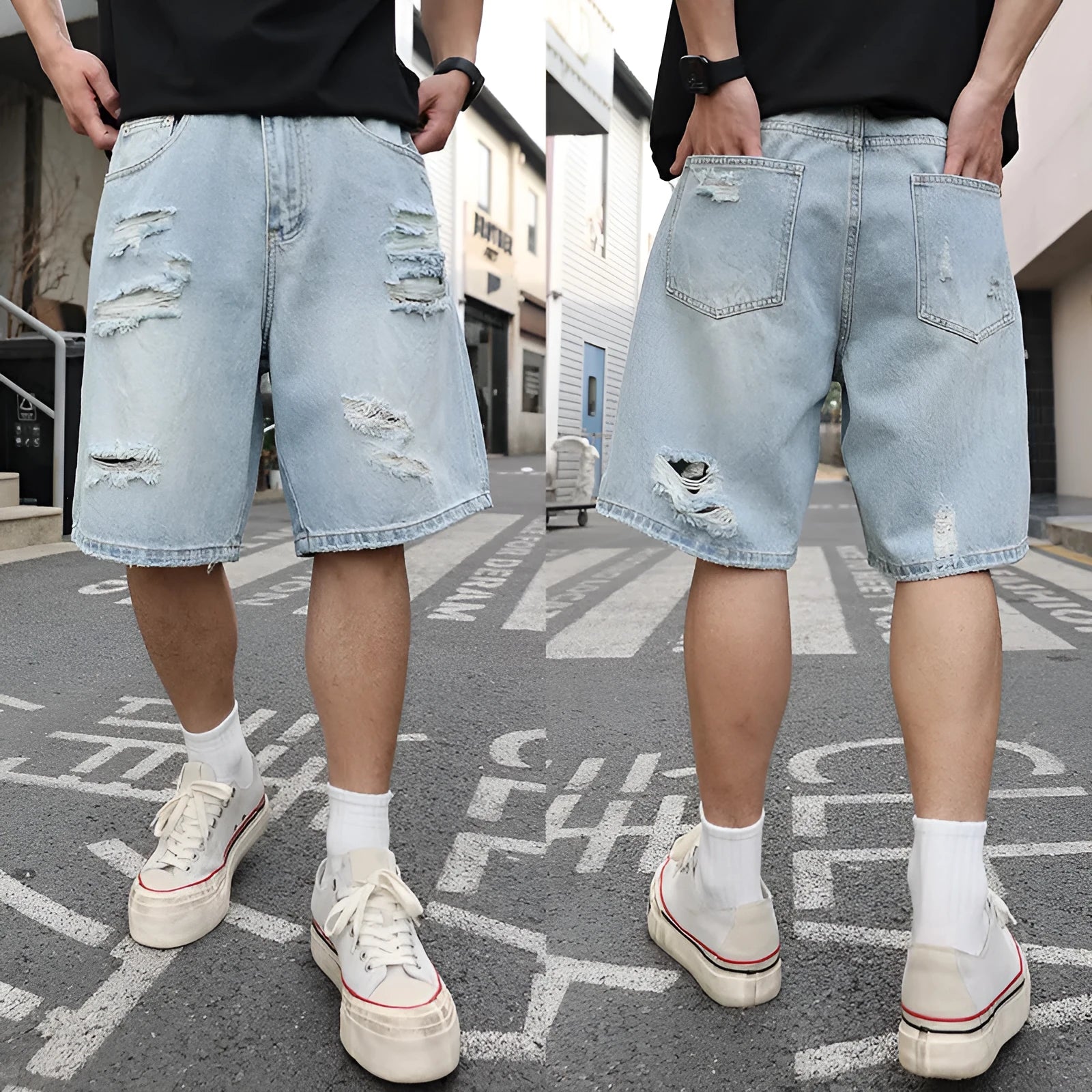 Light blue ripped denim shorts with distressed details and straight leg cut in hip hop streetwear style