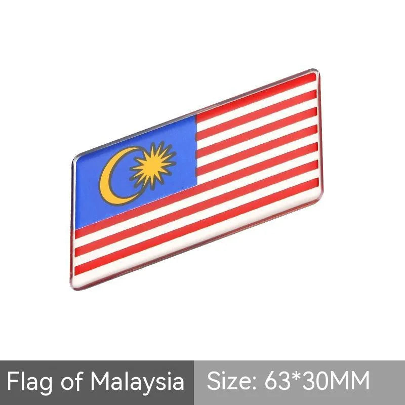 Aluminium parallelogram car sticker with national flag design measuring 6.3 by 3 cm