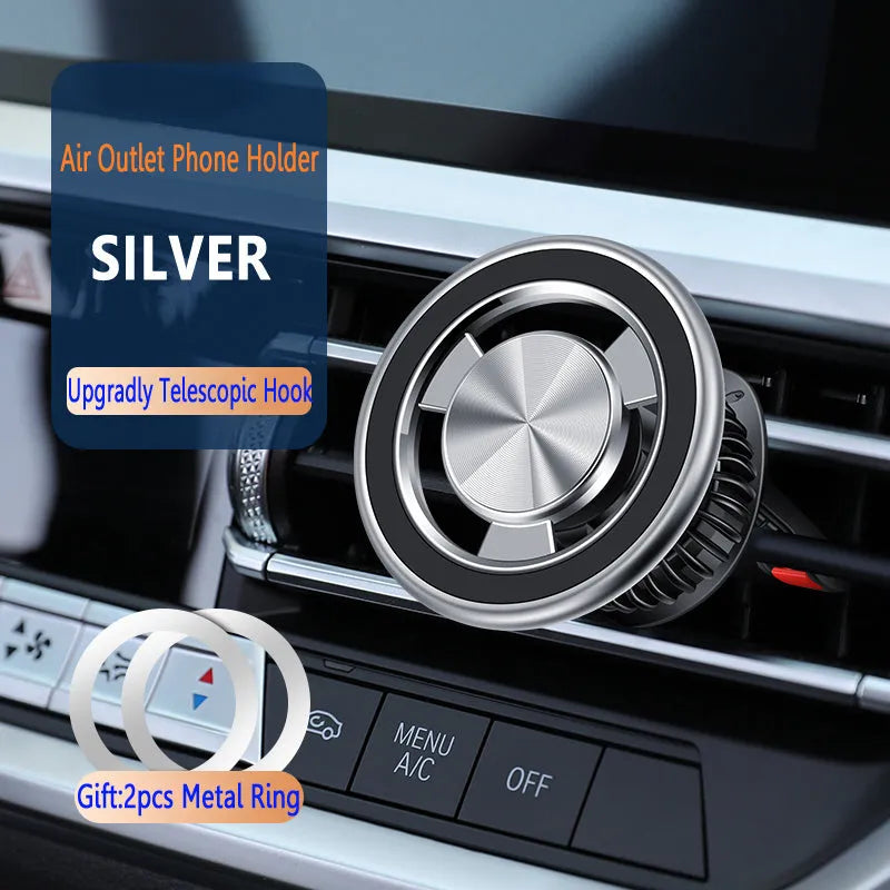 Silver and black air vent magnetic car phone holder with snap-on clip and magnetic plate