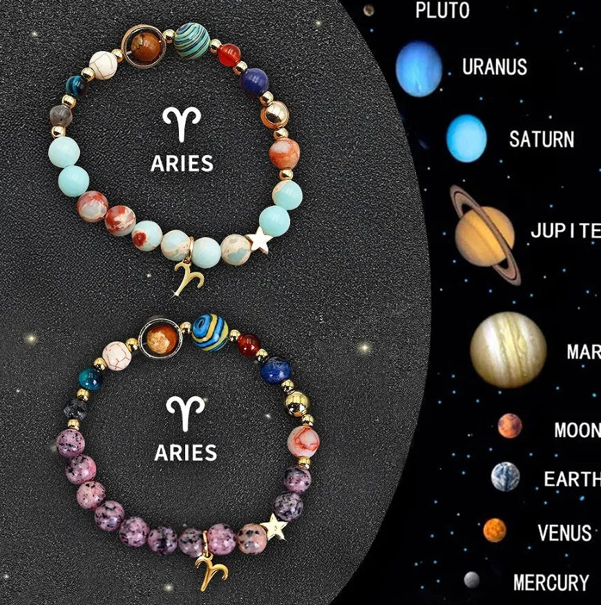 Two natural stone zodiac bracelets showing twelve different astrological styles on a neutral background