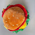Plush burger headdress collar for pets with lettuce, cheese, and bun details in three sizes