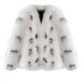 Black and white women's plus size slim-fit faux fur coat with short length and regular sleeves.
