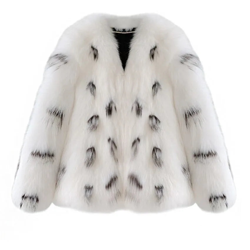 Black and white women's plus size slim-fit faux fur coat with short length and regular sleeves.