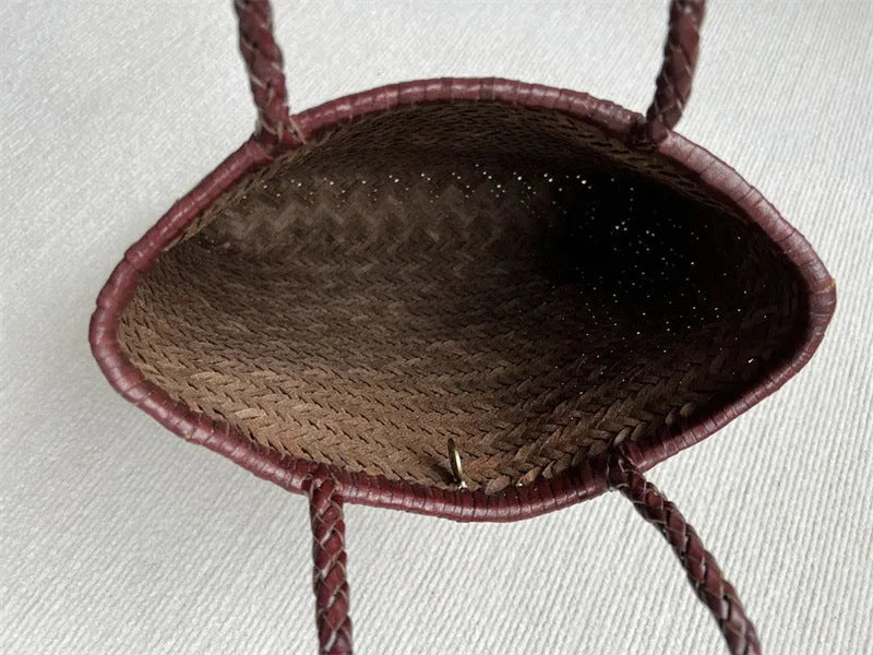 Brown handmade woven tote bag with vintage style and three-dimensional pocket design