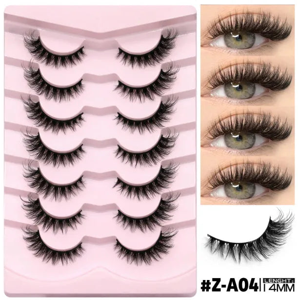 Box of natural false eyelashes showing six different thick, dense styles including Y5 and A01-A05 with glue