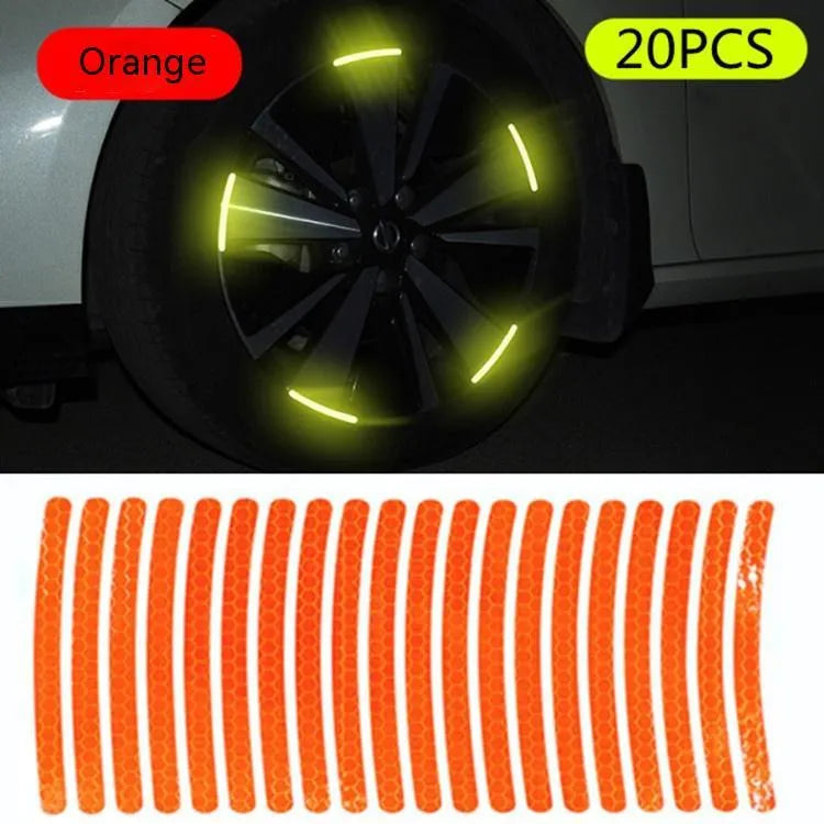 20-piece car wheel hub reflective stickers in multiple colours including luminous and rainbow options
