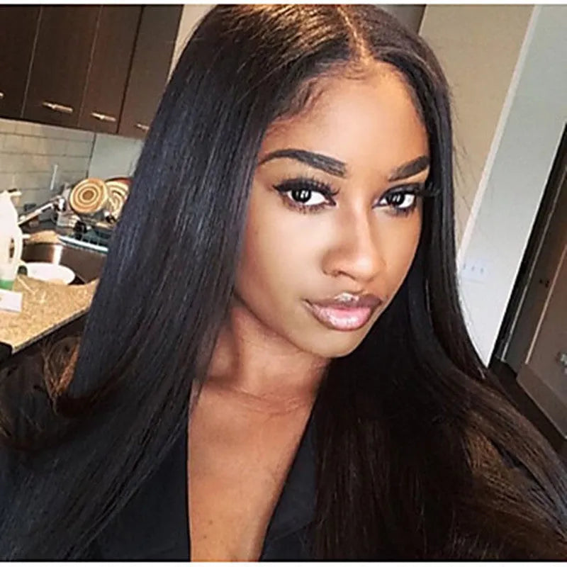 Long straight black women's wig with centre-parted bangs in European American style
